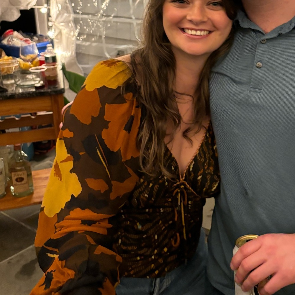 Floral Sheer Sleeve Top - Orange and Black